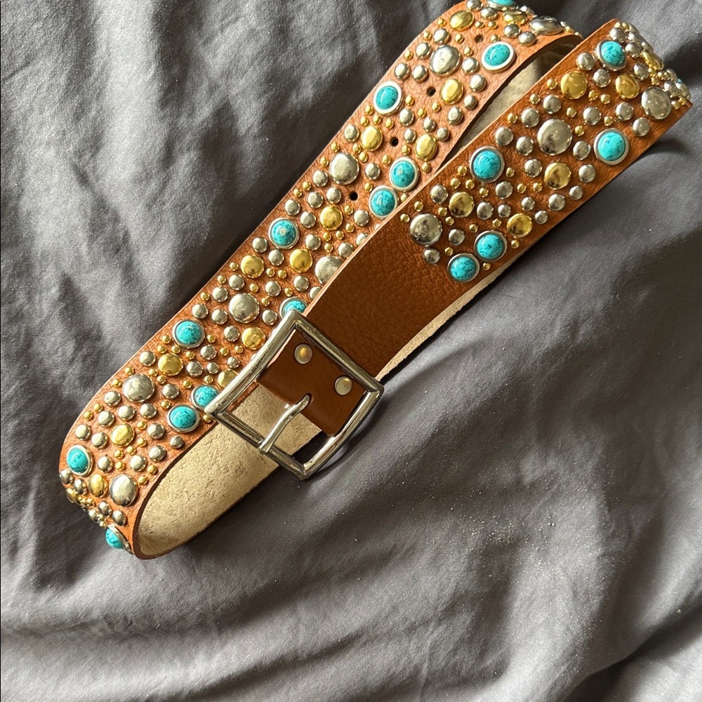 Studded Leather Belt with Turquoise Accents